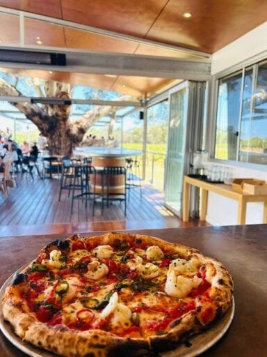 Prawn Pizza in the TreeHouse Bar at Upper Reach in the Swan Valley, Perth for Lunch